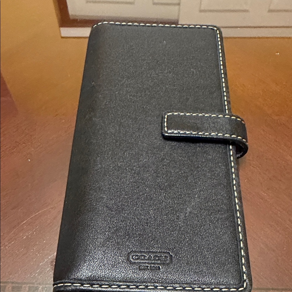 Coach Black Leather check book cover  with Contrast Stitching